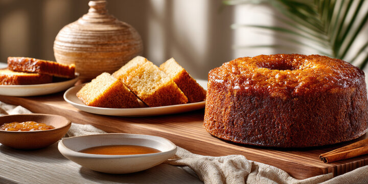 Rum cake bundt on a rustic wooden board with a slice revealing moist crumb, paired with small bowls of golden sauce and cinnamon sticks, evoking traditional caribbean baking and warmth