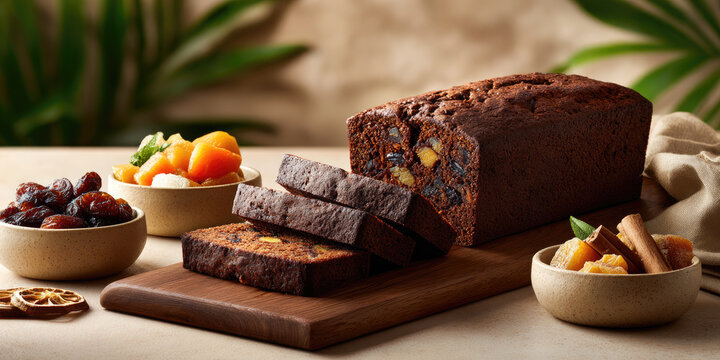 Fruit loaf cake sliced on a wooden board beside bowls of colorful dried apricots and raisins, arranged with rustic pottery and green botanicals against a warm textured backdrop
