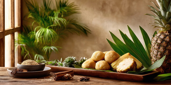 Pineapple pastry dumplings, sweet dessert balls, and fresh tropical fruit slices arranged with cinnamon spice on a rustic wooden table, featuring green foliage background
