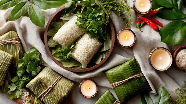 Costa rican tamales artfully arranged on plates with fresh cilantro, vibrant chili peppers, and glowing candles, creating a warm, inviting, and traditional dining scene