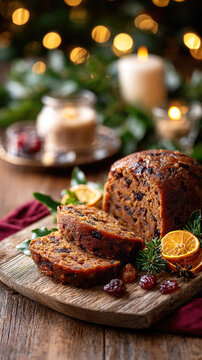 Festive table with rich jamaican christmas pudding, sliced fruitcake, fruit salad and drinks, warm candlelight and holly creating a cozy traditional holiday scene