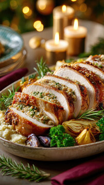 Sliced roasted turkey on a serving platter with fresh herbs and cranberries, set on a rustic table amid warm bokeh lights for a cozy holiday feast centerpiece