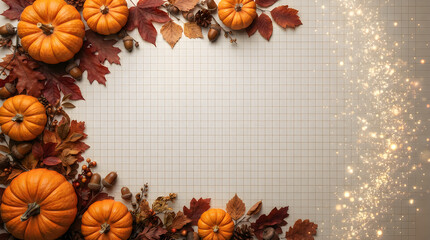 Fototapeta premium Small orange pumpkins and autumn leaves forming a frame on a gray background