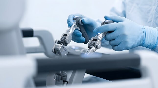 Surgeon in blue gloves operates robotic surgical system handles in a sterile hospital setting with bright blue