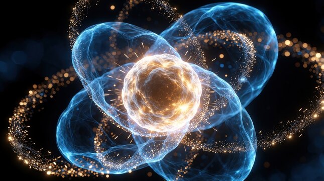 Abstract 3d illustration of atomic nucleus with glowing electron cloud. Swirling particles, energy waves orbit central core. Quantum physics concept shows fundamental matter structure through light,