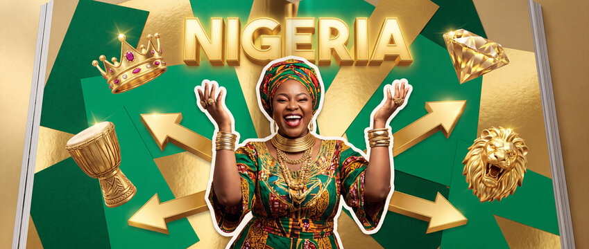 Nigeria Cultural Celebration Banner featuring Joyful African Woman in Traditional Attire with 3D Golden Lion and Crown