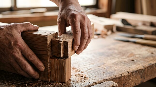 Close-up of a carpenter's hands joining a mortise and tenon wood joint on a rustic workbench with warm sunbeam