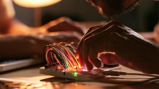 Creative Circuitry: Close-up on a person's hands manipulating colorful wires connected to a glowing electronic device, highlighting innovation and technology in a dimly lit workspace.