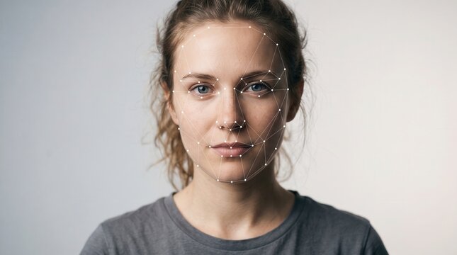 a young woman with a digital facial recognition mesh overlaid on her face against a gray background