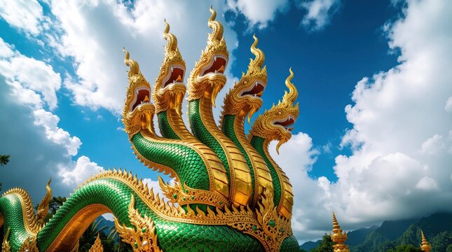 Large multi headed Naga statue with gold, green scales. Mythical serpentine creature sculpture stands against bright blue sky with white clouds. Ancient Asian deity ornament at religious temple in