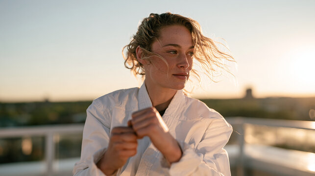 Confident young woman practice martial art pose rooftop at sunset hour