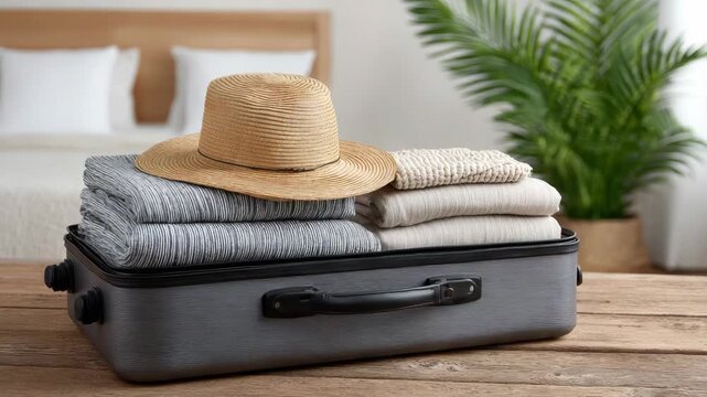 Travel suitcase filled with neatly folded towels and a straw hat placed on top, set against a cozy bedroom backdrop with a green plant and soft bedding