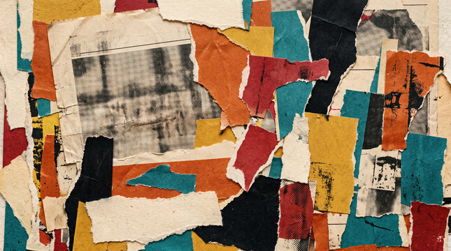 Abstract collage of ripped paper texture pieces in vibrant colors and newspaper clippings with halftone textures layered on vintage background for trendy mixed media creative visual project