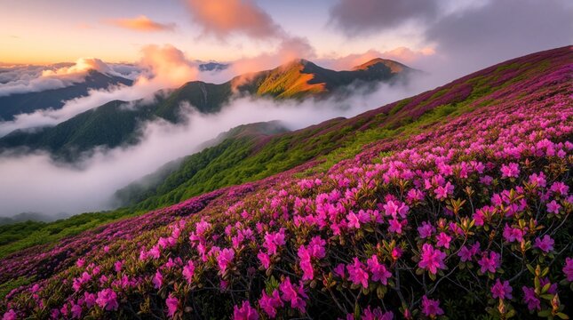 Vibrant pink rhododendron flowers bloom on mountainside slope. Scenic landscape shows mountain peaks above thick white clouds at sunset. Soft pink sky, sunlight illuminate wild flora in high
