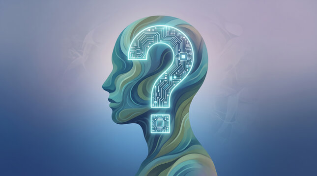Human head silhouette in profile with a glowing, circuit-patterned question mark symbol, featuring swirling blue and green abstract liquid patterns on a gradient background