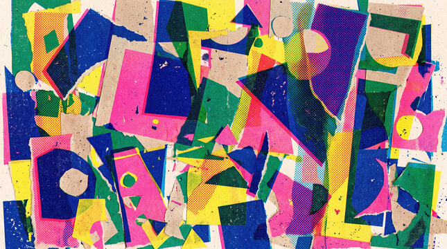 Colorful abstract geometric collage of torn paper, sharp edges and overlapping shapes texture backgrounds, bright vibrant energetic composition, modern graphic art style
