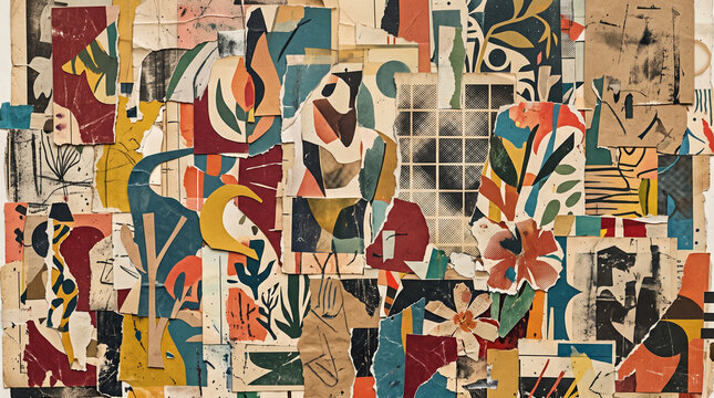 Abstract collage art featuring torn paper segments texture with varied colorful shapes patterns geometric elements artistic vintage textures paper aesthetic creative composition mixed media design