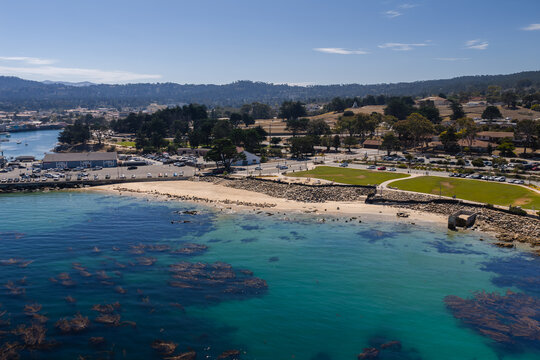 Aerial shot reveals the sunny coastline of Monterey, California, displaying clear turquoise ocean water with kelp beds along a sandy beach, park, and roads.