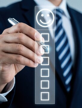 Businessman hand uses pen to select face icon on digital survey screen. Corporate employee fills out satisfaction questionnaire for feedback assessment. Pro manager evaluates workplace morale, staff