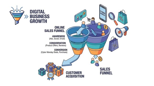 Cyber Monday digital sales funnel infographic for customer acquisition and ecommerce marketing strategy