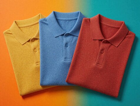 Three folded polo shirts in yellow, blue, red colors on bright orange, teal background. Stylish cotton apparel laid flat for fashion retail. Casual smart clothes for men women displayed in neat stack