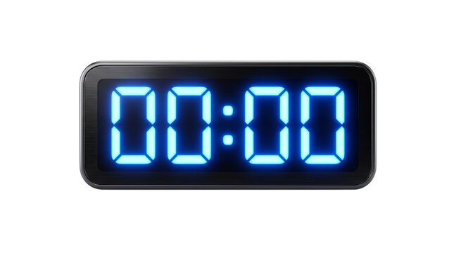 Digital timer clock displaying zeros with glowing blue LED numbers isolated on transparent background.