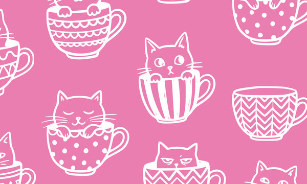 Cute cat in teacup seamless pattern vector, pink line art kitten mug background, adorable animal print texture