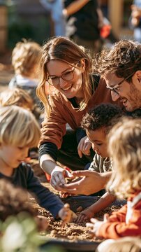 a family of four, a man, a woman, and two young children, engaged in a playful activity. The woman, wearing glasses and a brown shirt, smiles as she interacts with the children. The man.