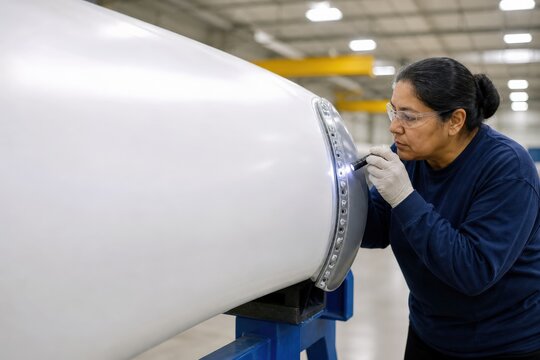 Wind turbine lightning protection inspection - a blade inspector examining a receptor