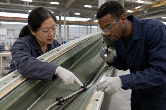 Wind turbine lightning protection inspection - technicians verifying a conductor route inside a blade
