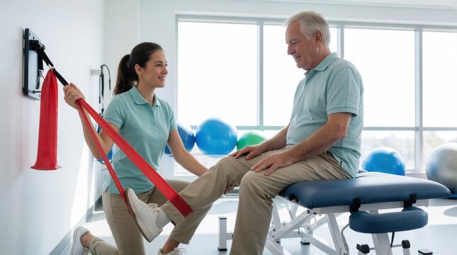 Female physical therapist assists elderly man with leg exercises using red resistance band in rehab clinic. Senior patient performs stretching therapy on medical table to improve mobility, strength.