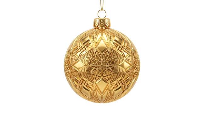 Elegant golden Christmas bauble ornament with intricate geometric patterns isolated on transparent background.