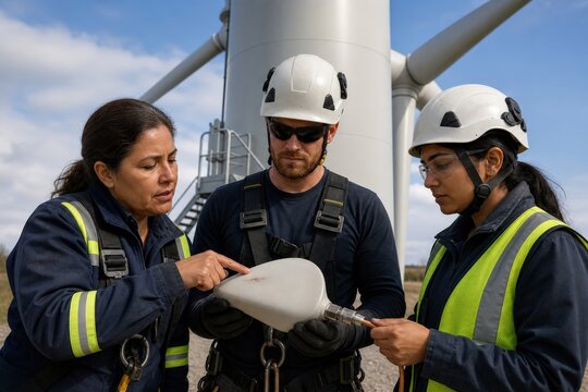 Wind turbine lightning protection inspection - specialists examining blade receptor wear