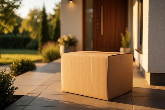 Brown cardboard shipping box sits on modern house porch near entrance door. Unopened delivery package arrives at doorstep in morning sunlight. Ecommerce parcel for online shopping order waiting for