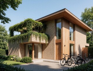 Fototapeta premium Modern two story brick house with wooden accents, large glass windows. Green plants, ivy cover balcony. Bicycles parked in front of contemporary residential building on sunny day. Stylish home