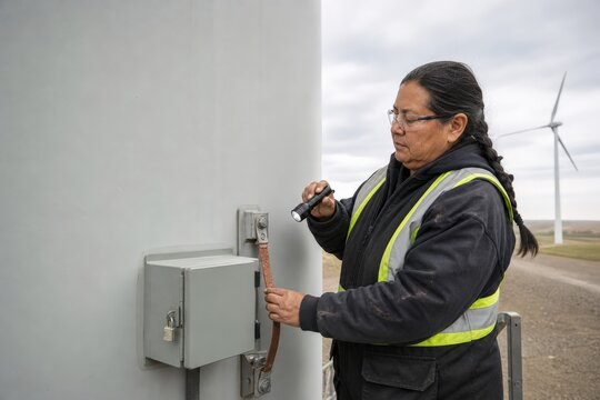 Wind turbine lightning protection inspection - a technician checking an earth termination test link