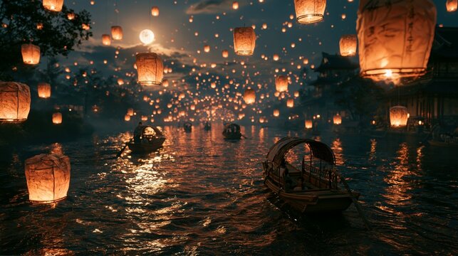 Traditional Chinese Mid Autumn Festival. a serene floating lantern festival. The scene is set on a calm river, illuminated by the warm glow of the lanterns. The lanterns.