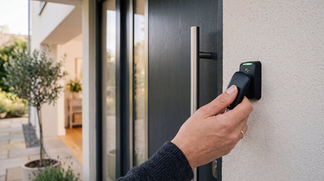 Hand using electronic key fob for secure entry