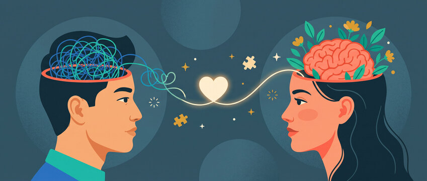 Mental health concept, human brain with heart, emotional wellbeing, positive thinking, self care, healthy mind, psychology, wellness vector illustration