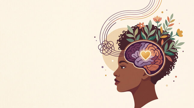 Mental health concept, human brain with heart, emotional wellbeing, positive thinking, self care, healthy mind, psychology, wellness vector illustration