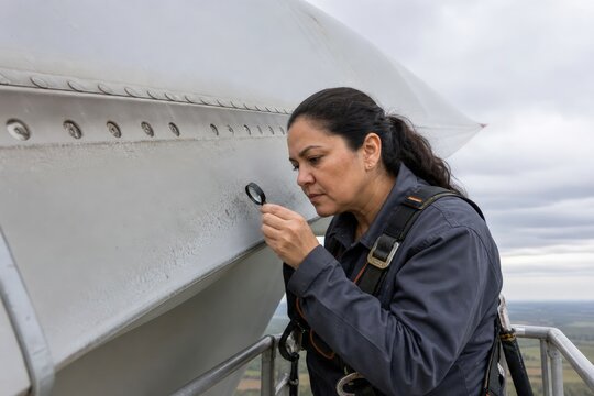Wind turbine lightning protection inspection - a composite inspector examining receptor pitting