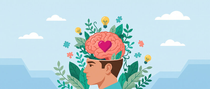 Healthy brain and emotional balance illustration, heart symbol, personal growth, mindfulness, mental wellness, positive psychology, creative mind, self love