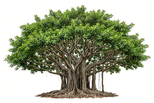 Ultra-realistic mature Pacific Banyan (Ficus obliqua), massive spreading tree with thick branching trunk, numerous aerial roots forming secondary trunks