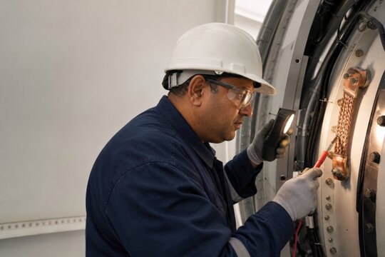 Wind turbine lightning protection inspection - a man inspecting a nacelle bonding strap