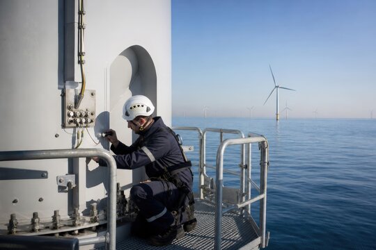 Wind turbine lightning protection inspection - a man inspecting an offshore grounding junction