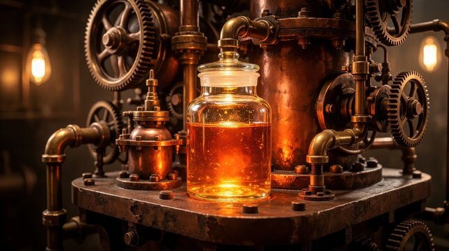 Glowing orange liquid in glass jar sits inside steampunk machinery. Intricate brass gears, copper pipes, metal parts create industrial fantasy lab. Mysterious elixir shines with warm light among