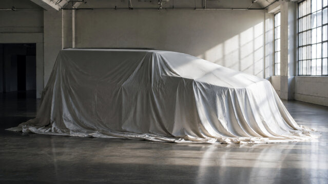 Large vehicle covered with a white fabric sheet in a bright industrial studio creating a mystery reveal and new product launch concept