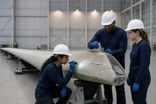 Wind turbine lightning protection inspection - specialists conducting a minor blade strike assessment