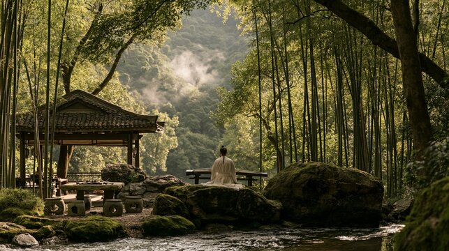 a tranquil bamboo forest. A person in a white robe sits on a rock, facing away from the viewer, gazing into the distance. The persons posture is contemplative, and their hands rest on their lap.