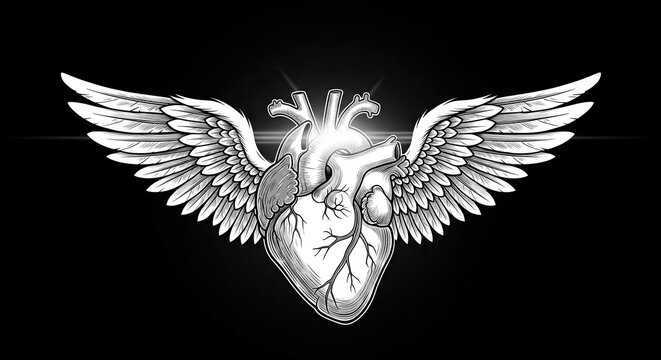 Anatomical human heart with angel wings illustration on black background